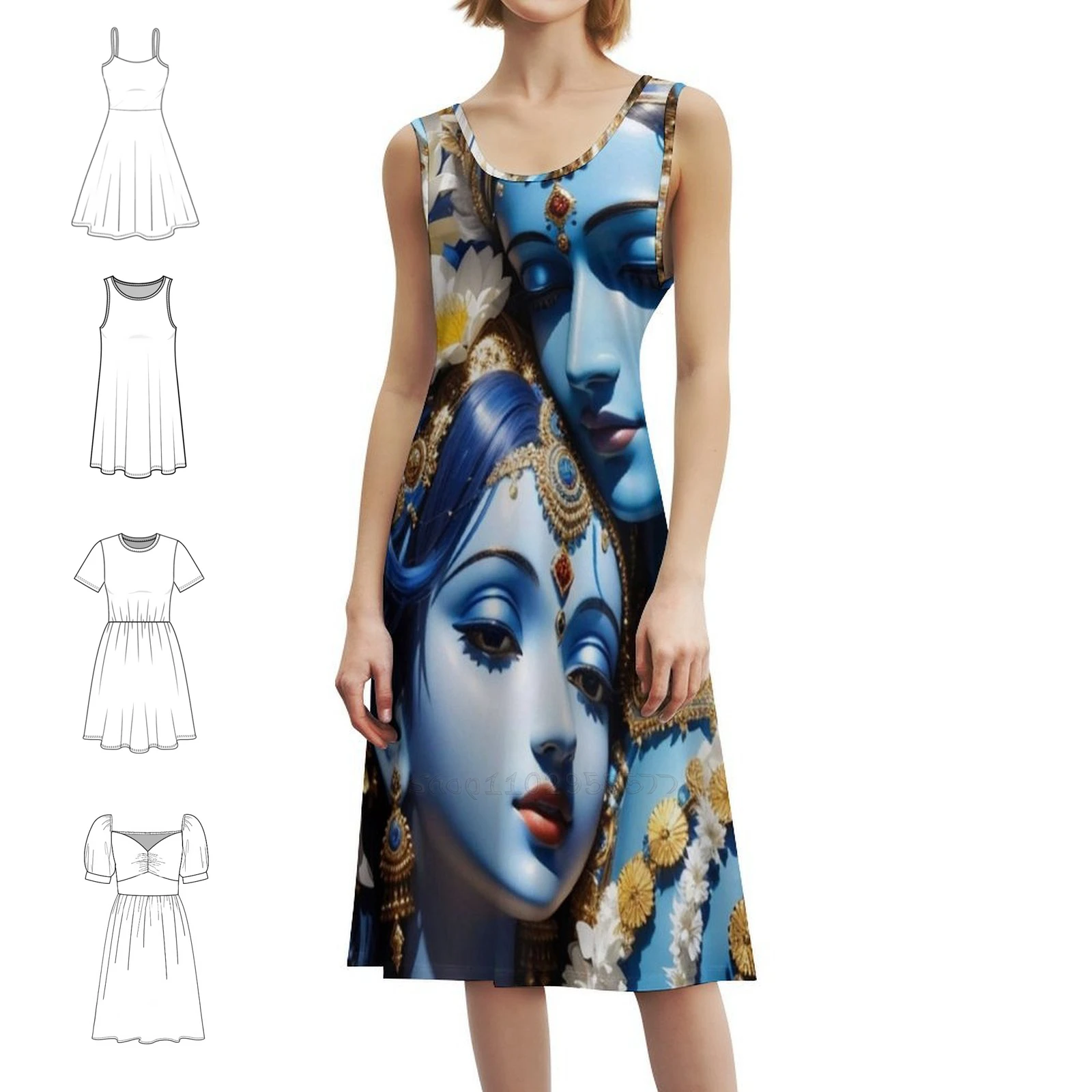 Radha Krishna Bohemian Sleeveless Dress For Women Print Beach Party Dresses Radha Krishna Divine Mother Godless Women's Dress