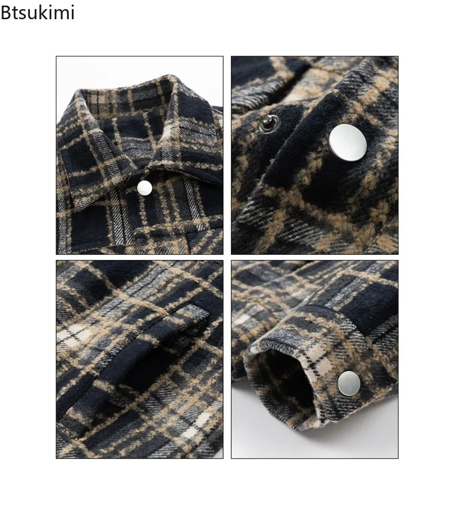 New 2025 Men's Vintage Plaid Jackets Autumn Winter Fashion Harajuku Loose Casual Shirt Coats Multi-pockets Men Jacket Streetwear
