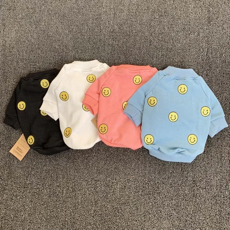 Spring and summer new smiley embroidered pet sweater French bulldog clothes dog and owner costume cute puppy