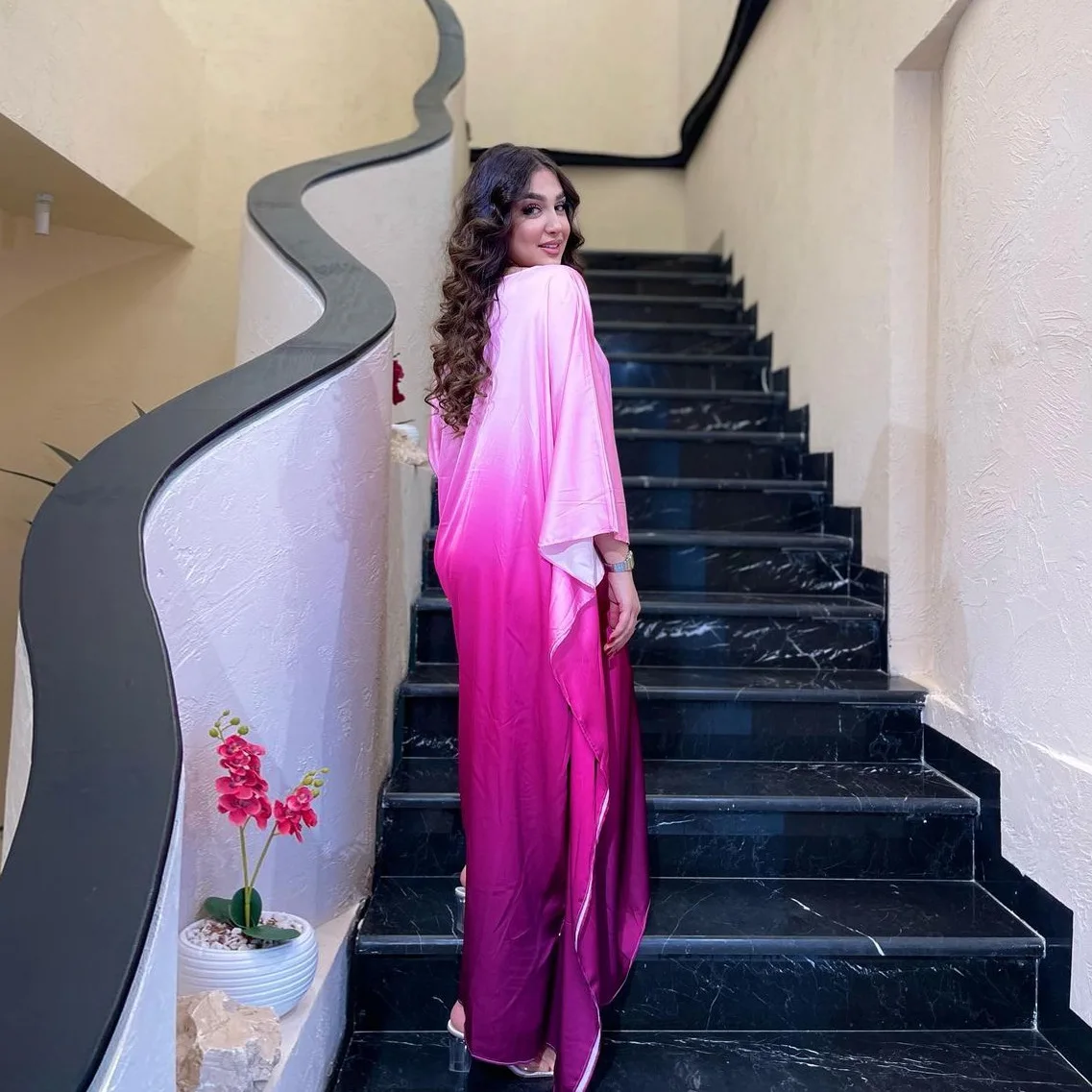 

Eid Djellaba Ombre Print Satin Abaya Morocco Kaftan Women Muslim Loose Bat Sleeve Dress Dubai Turkey Robe Arabic Jalabiya Abayas
