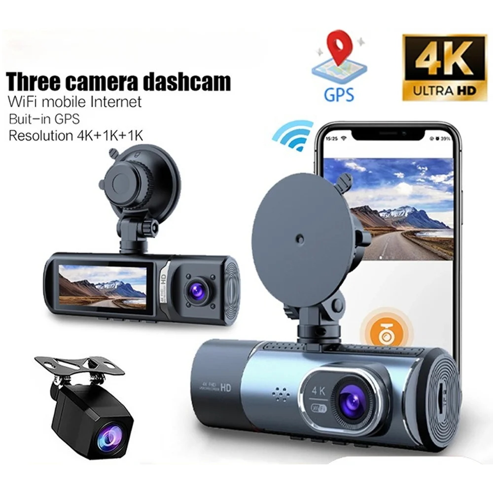 

3 Channel Dash Cam Front Inside Rear Three Way Car Dash Camera 4K+1080P Dual Channel with WiFi GPS IR Night Vision DVR Black Box