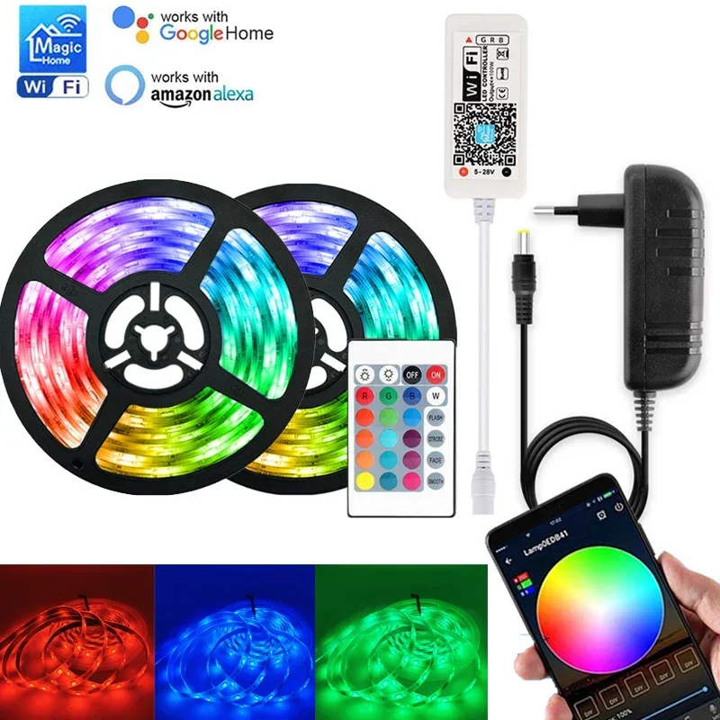 

1M-10M Wi-Fi RGB светодиодные ленты DC12V 5050 Гибкая лента с 24-клавишным пультом дистанционного управления Водонепроницаемый декор комнаты для Alexa Google
