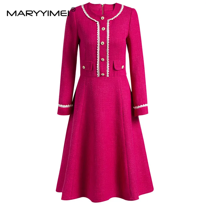 

MARYYIMEI New Fashion Runway Designer Women's Round Neck Long Sleeve Black Patchwork Tweed A-Line Mid-Length Vintage Dress