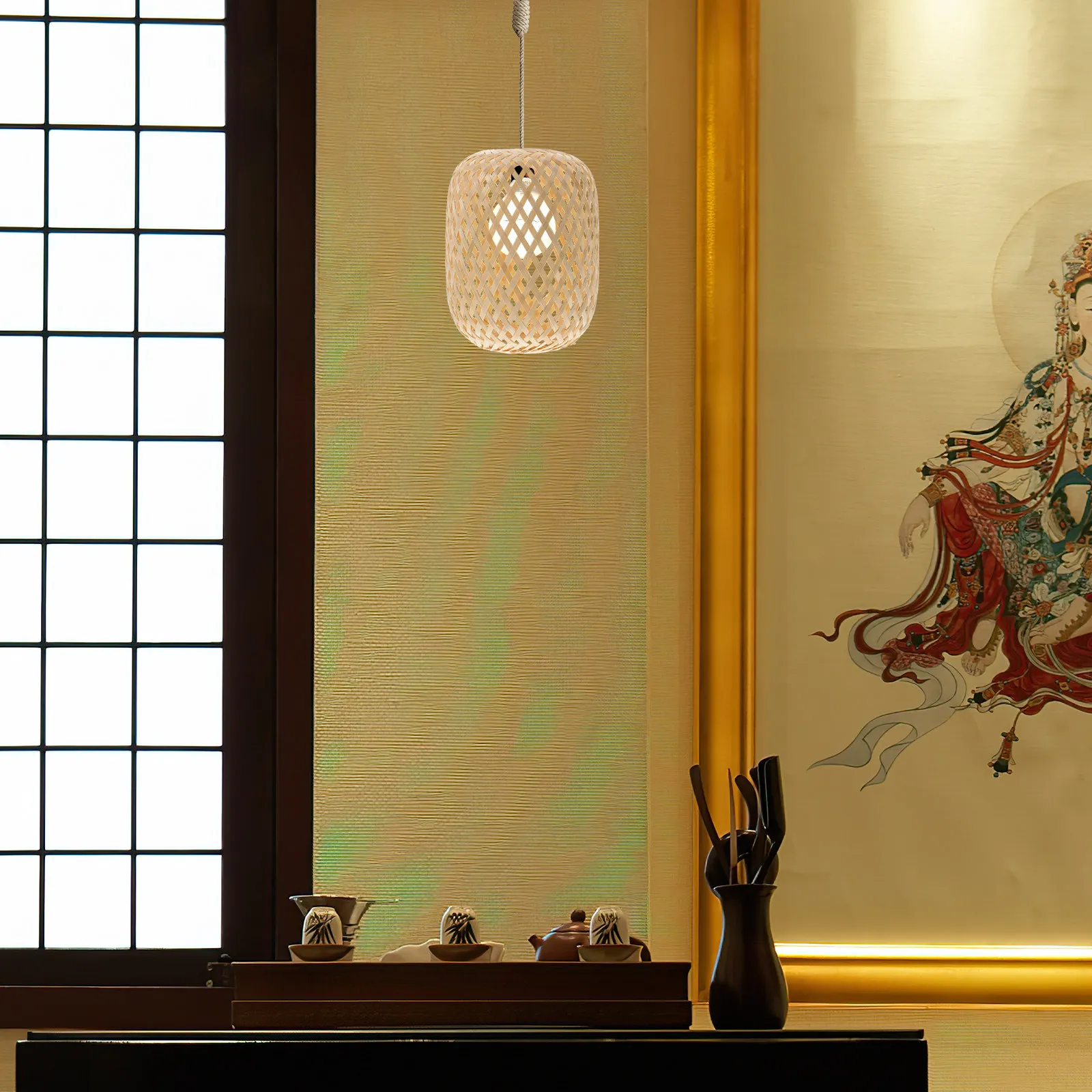 

Декоративный подвесной светильник из бамбука в деревенском стиле, плетеный абажур для спальни, кабинета, гостиной