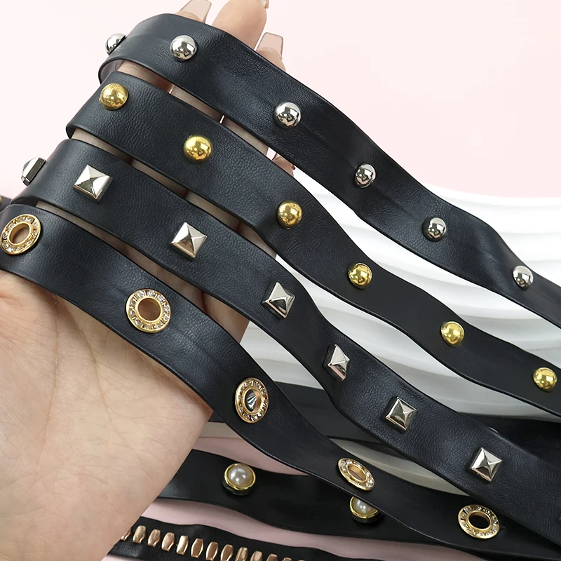 

10/15/20mm Punk Hip Hop Leather Rope 2/5M Imitation PU Webbing At The Meter Copper Rivet Beads Lace Ribbon for Jewelry Supplies