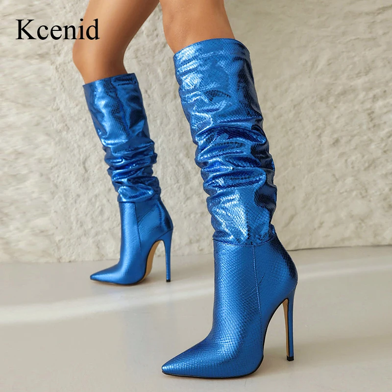 

Kcenid 2024 Autumn Winter Gold Silver Leather High Heels Knee High Boots Pleated Pointed Boots Performers Party Women Shoes