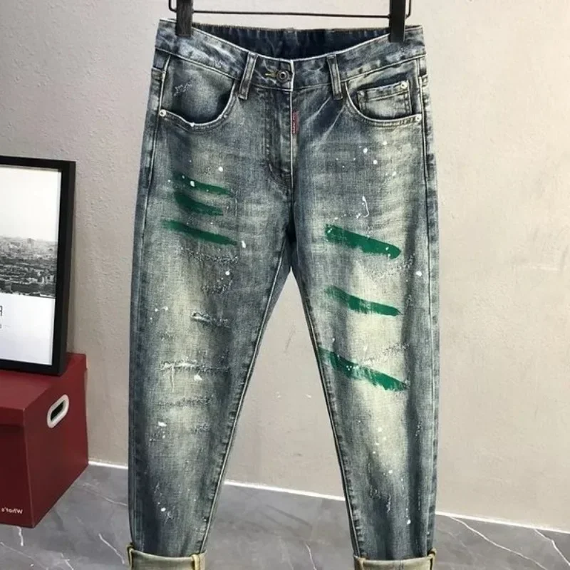 

Men's Jeans Ripped Elastic Man Cowboy Pants Tie Dye Trousers Stretch Broken with Holes Torn Tapered High Quality Designer Casual