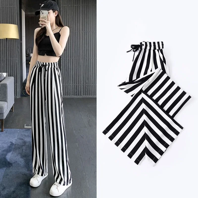 Summer New Women\'s Color Block High Waist Black and White Vertical Stripes Fashion Versatile Draping Loose Straight Leg Pants