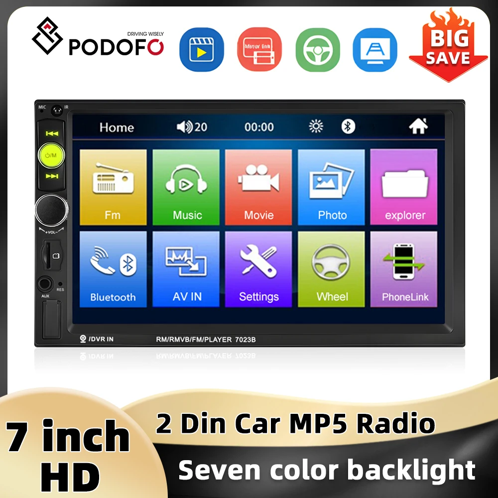 مشغل وسائط متعددة ستيريو للسيارة بودوفو ، وصلة مرآة ، شاشة تعمل باللمس ، بلوتوث ، EQ ، شحن USB ، AUX ، راديو السيارة ، 2Din ، 7" #1