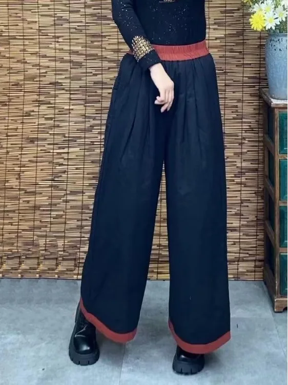 Thiened Wide Leg Pants Women's Loose Fce Elastic Waist Cotton Pants Floral Casual Trousers Ethnic Sle Autumn Winter Ne...