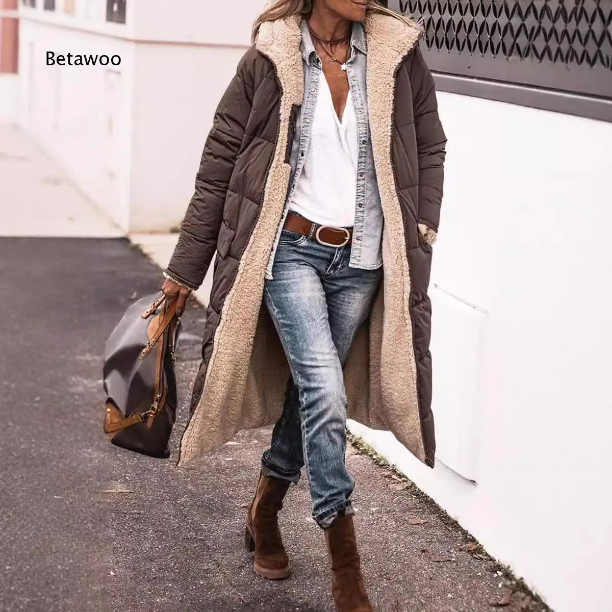 Women Solid Color Hooded Cotton Coat Reversible Wear Slim Fit Cardigan Style Long Sleeve Outerwear Elegant Warm Jacket For Autu