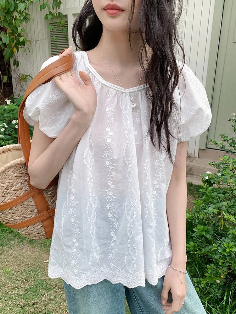 

Повседневная свободная женская блузка Boran с коротким рукавом и вышивкой, круглым вырезом, рукавами-фонариками, из дышащего хлопка, удобная весенняя рубашка