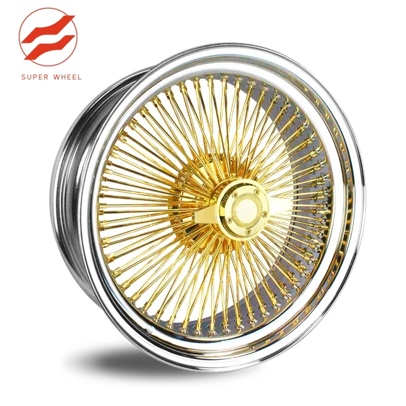 

SW 20x8 22x8 20 22 24 Inch 5x108 Steel Wire Wheels Standard Straight Lace Gold Center 100 150 Spokes Wire Rims for Cadillac