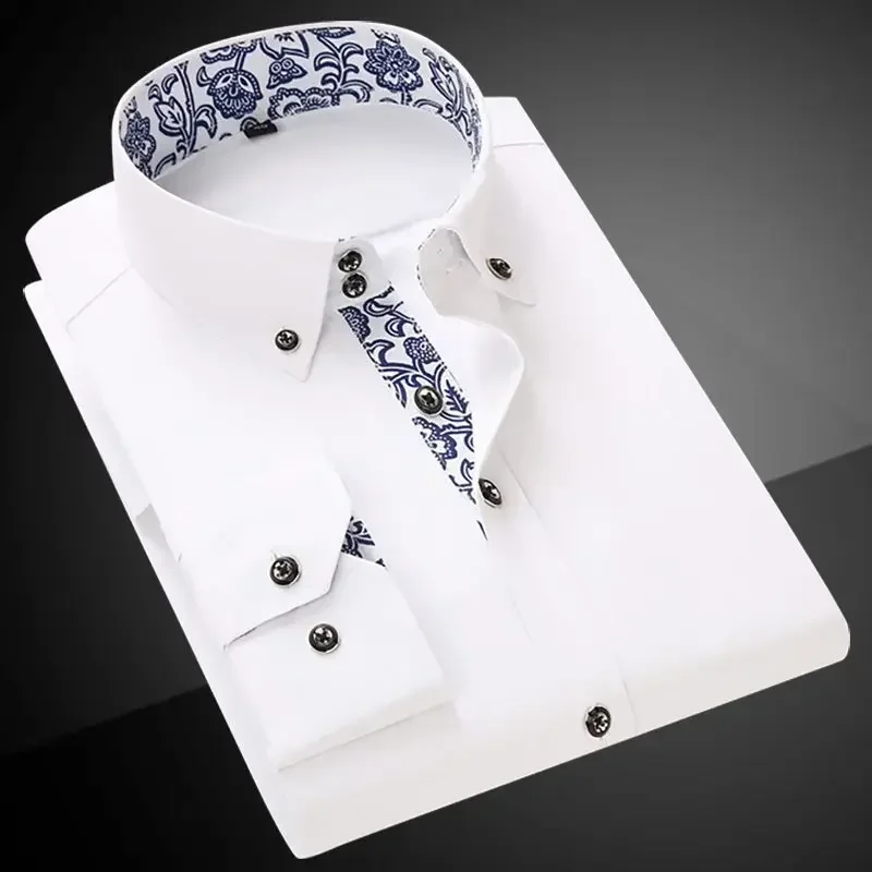 High Quality Blue and White Porcelain Collar Shirt for Men Long Sleeve Business Formal Leisure Dress Shirts Iron Korean Free