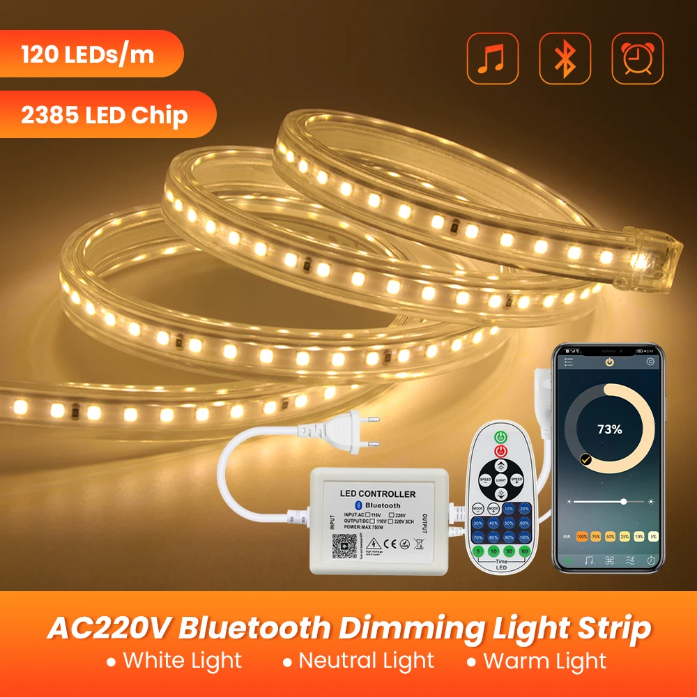 

Bluetooth Dimmable LED Strip Light 220V 110V 2835 Waterproof Led Strip 120LEDs/m Flexible LED Light with 23Key Dimmer Remote