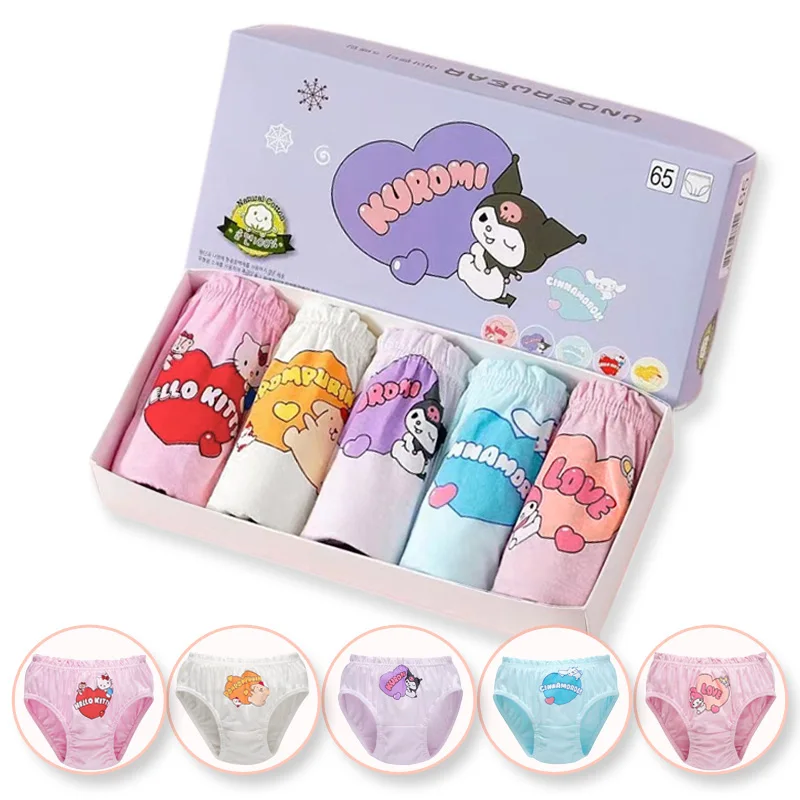5Pcs/Box Cotton Children Briefs For Girl Cute Sanrio Character HelloKitty Pompompurin Girls Panties Soft Kids Triangle Underwear