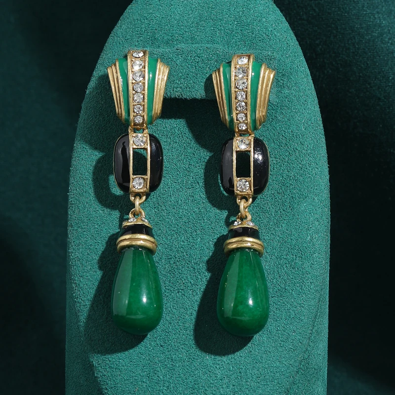 

Vintage Emerald Natural Stone Water Drop Earrings Glass Rhinestones Long Pendant High Quality Luxury Dubai Jewelry Accessories