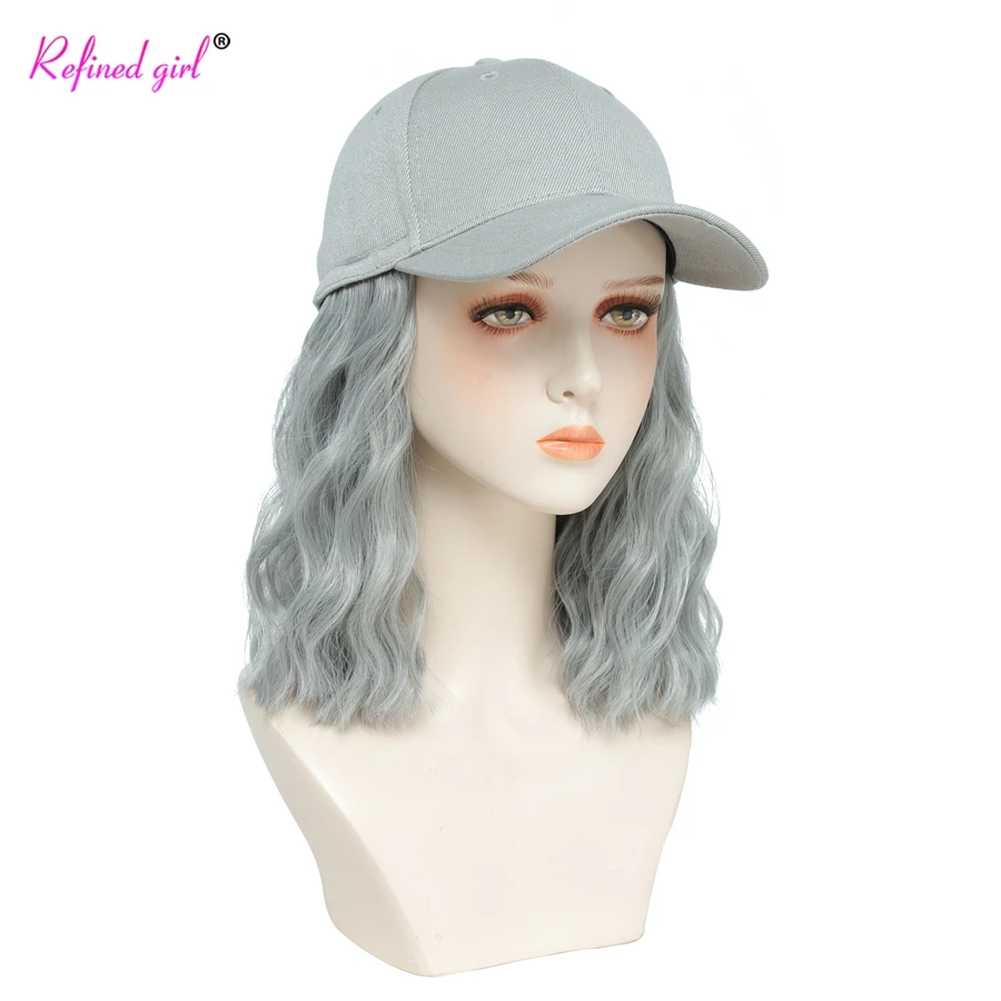 Bob Wig Baseball Cap with Short Wavy Hair Extension Attached for Women Adjustable White Black Synthetic Heat Resistant Fiber Wig