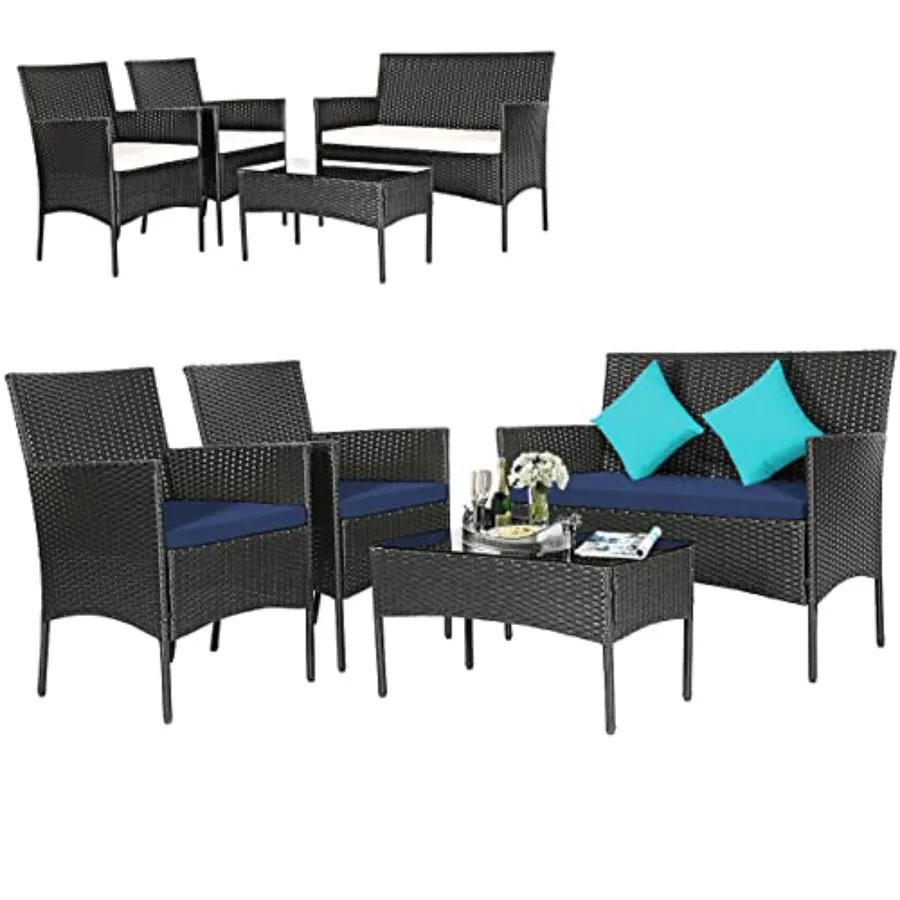 Patio Furniture Set For Outdoor Use, Rattan Material, Beige Color, Includes Tempered Glass Tabletop And Cushion Covers For Comf