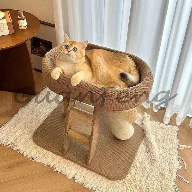 Wooden Large Cat Tower with Ladder, Built-in Sandbox and Accessories, Multifunctional Indoor Cat Pet Furniture