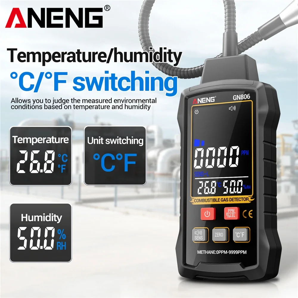 ANENG GN806 Combustible Gas Detector 0-9999PPM 3-Level Sensitivity Adjustable VA Color Screen Buzzer Alarm for Home Industrial