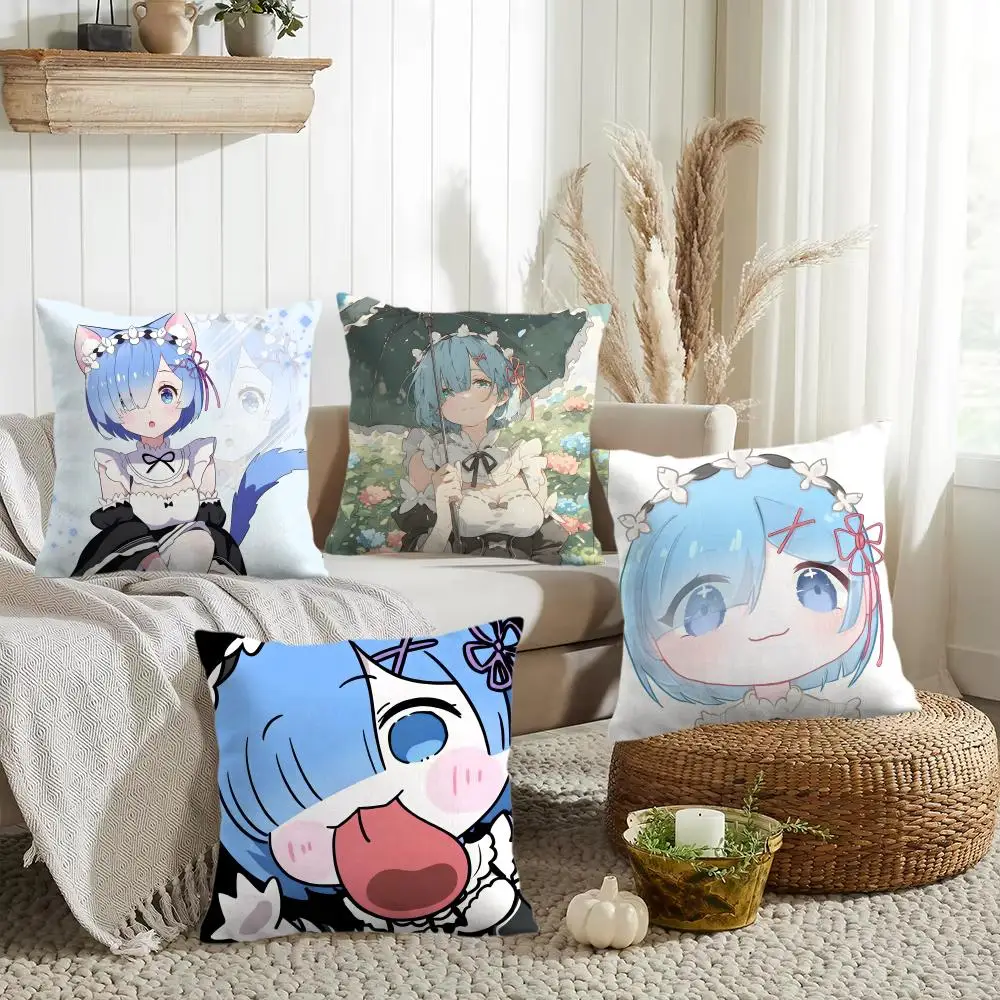 Anime Cute R-Rem Cushion Cover Silky Short Plush Invisible Zipper Dustproof Sofa Pillow Case for Home Decor