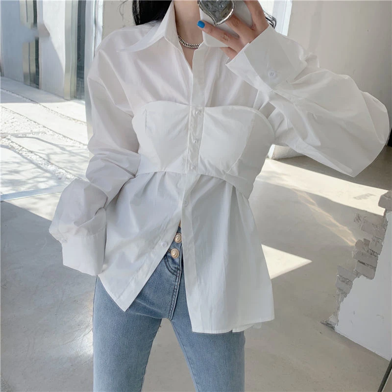 Spring Autumn POLO Collar Fashion Long Sleeve Shirt Women High Street Solid Color Button Cardigan French Style Patchwork Tops