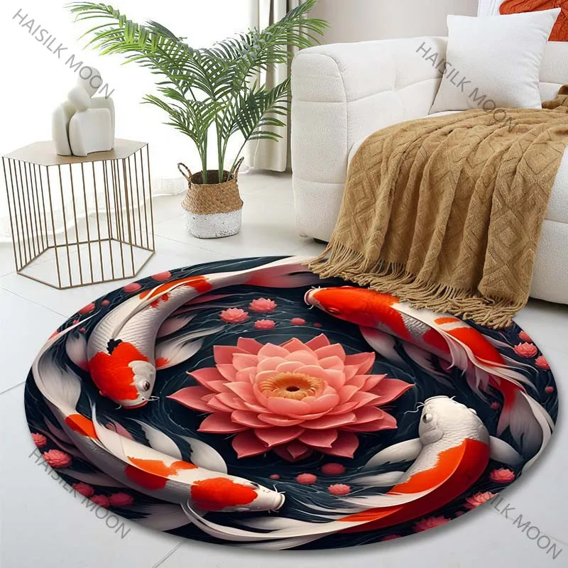 Multiple sizes Koi Surrounding Lotus Print Round Carpet Living Room Bedroom Table Chair Sofa Decorative Carpet Luxury gifts