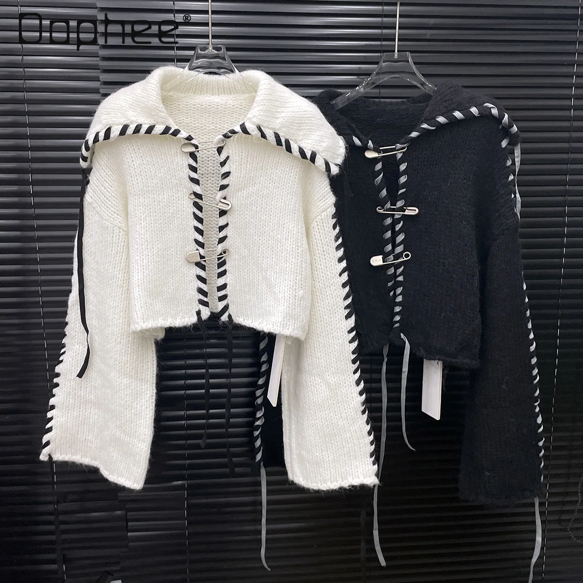 

Korean Ins Color-Block Drawstring Pin Navy Collar Sweater Elegant Fashion Knitted Cardigan Autumn Winter Hot Girl Sweater Top