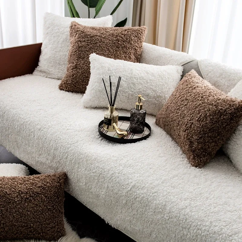 Winter Thick Plush Sofa Cushion Anti Slip Soft Silicone Sofa Cover Teddy Curly Mat Soft Fluffy Dustproof Living Room Decoration