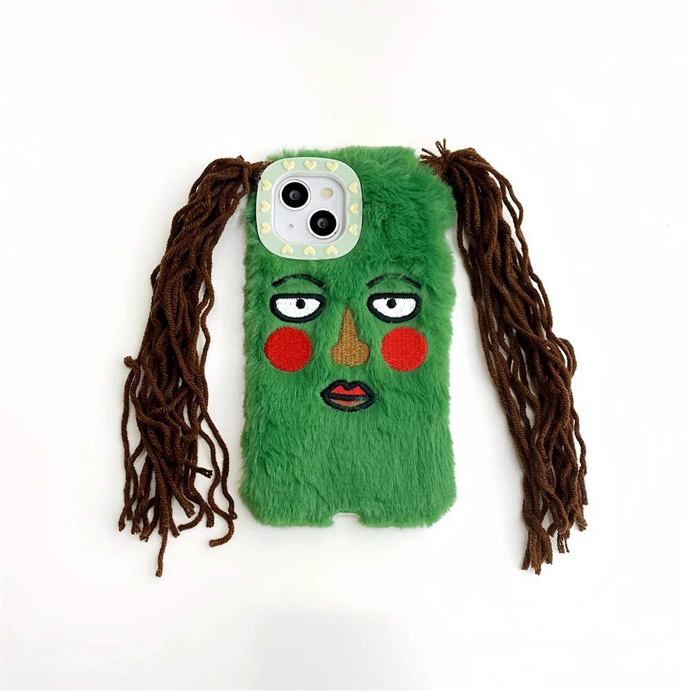 Korean Cute Funny Ugly Blush Face Fur Case For iPhone 15 14 13 12 Pro Max 11 Cartoon DIY Braids Plush Shockproof Soft Cover