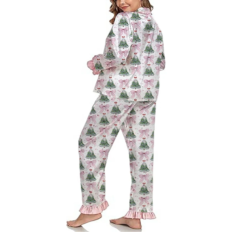 HEZIOWYUN المرأة عيد الميلاد بيجامة مجموعات طويلة الأكمام زر أسفل الساتان لباس نوم من الحرير لطيف تكدرت تقليم ملابس النوم Pjs المتسكعون