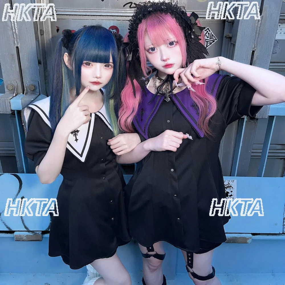 Harajuku giapponese elegante college ricamo colletto rovesciato camicia snellente in vita pantaloncini abito gotico estivo set da 2 pezzi