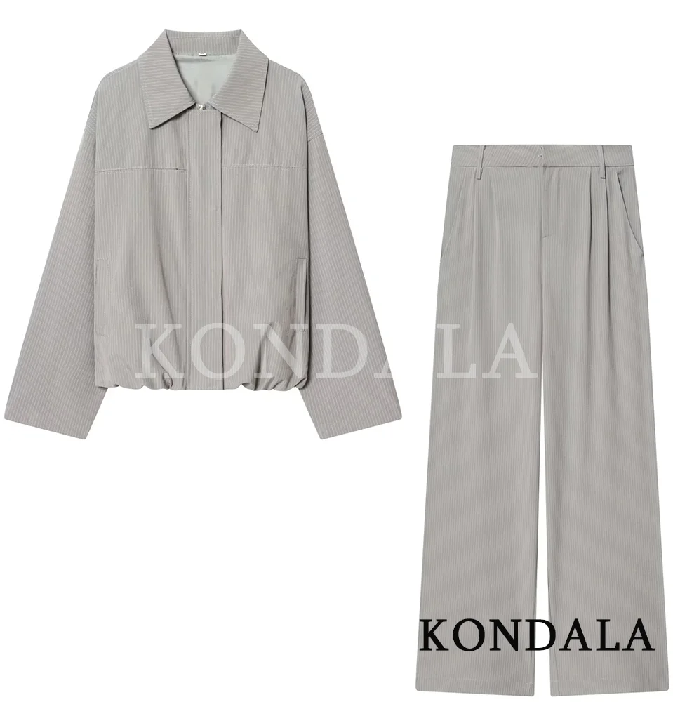 KONDALA Women Trendy Stripe Pants Set Zipper Lapel Pockets Jacket Long Straight Pants New Fashion 2026 Spring Commute Pants Set