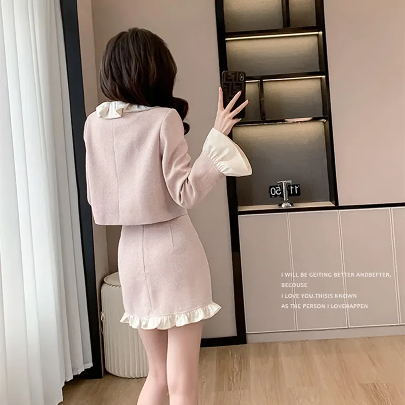 Autumn Pink Two Piece Set Women Sweet Ruffle V-neck Trumpet Sleeves Chic Top+A-line Skirt Set's Lady Elegant Fashion Outfits