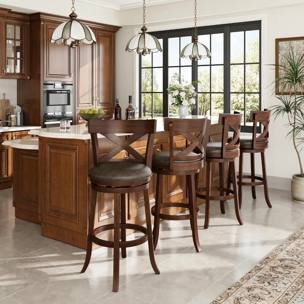 30 inch Bar Height Stools Set of 4, Swivel Bar Stools Faux Leather Barstool with Back, Wooden Bar Height Chairs.