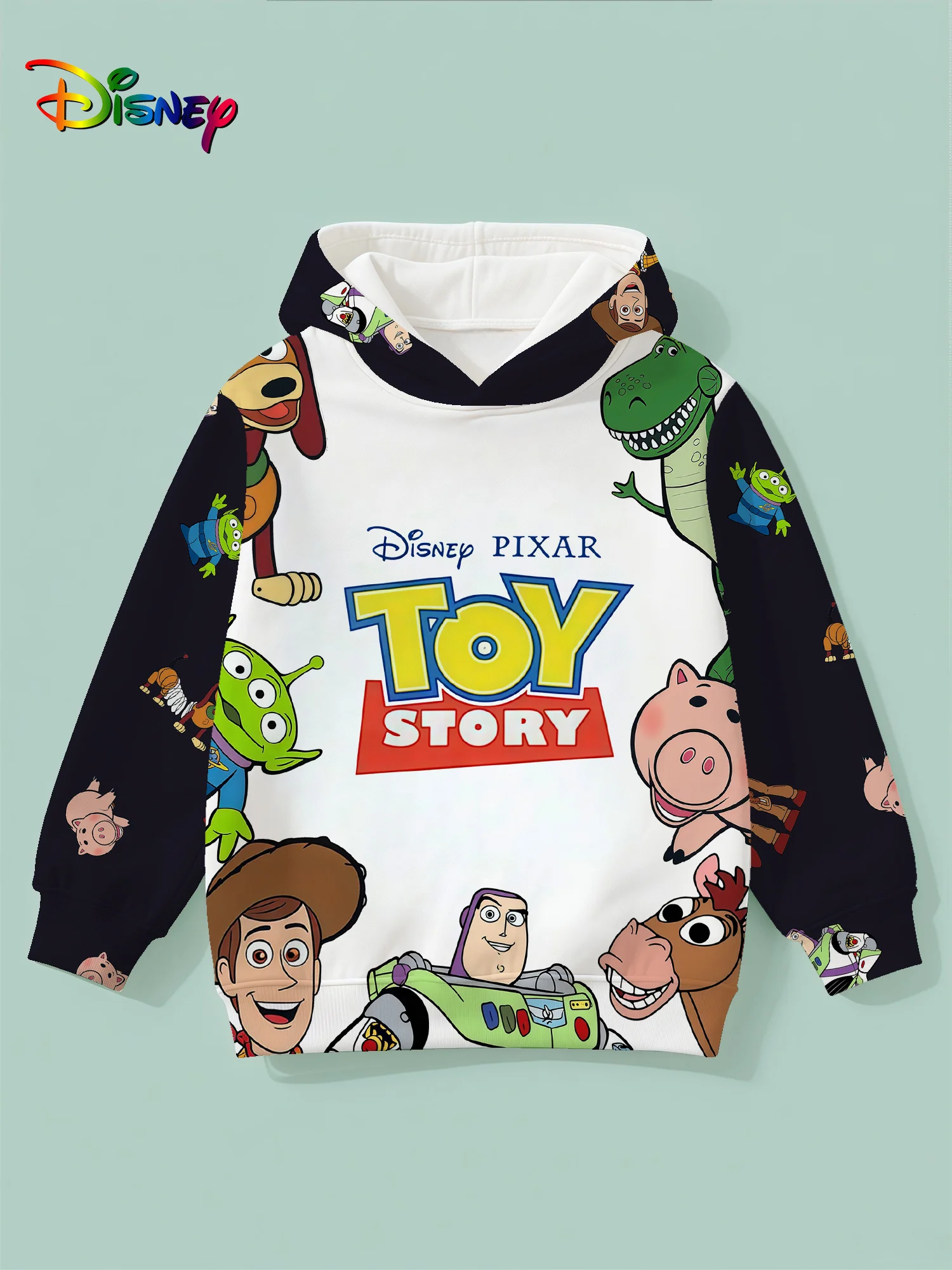 

Disney authorized Woody denim dinosaur pattern 3D printing children's fashion sweater children's daily wear hoodie sweater