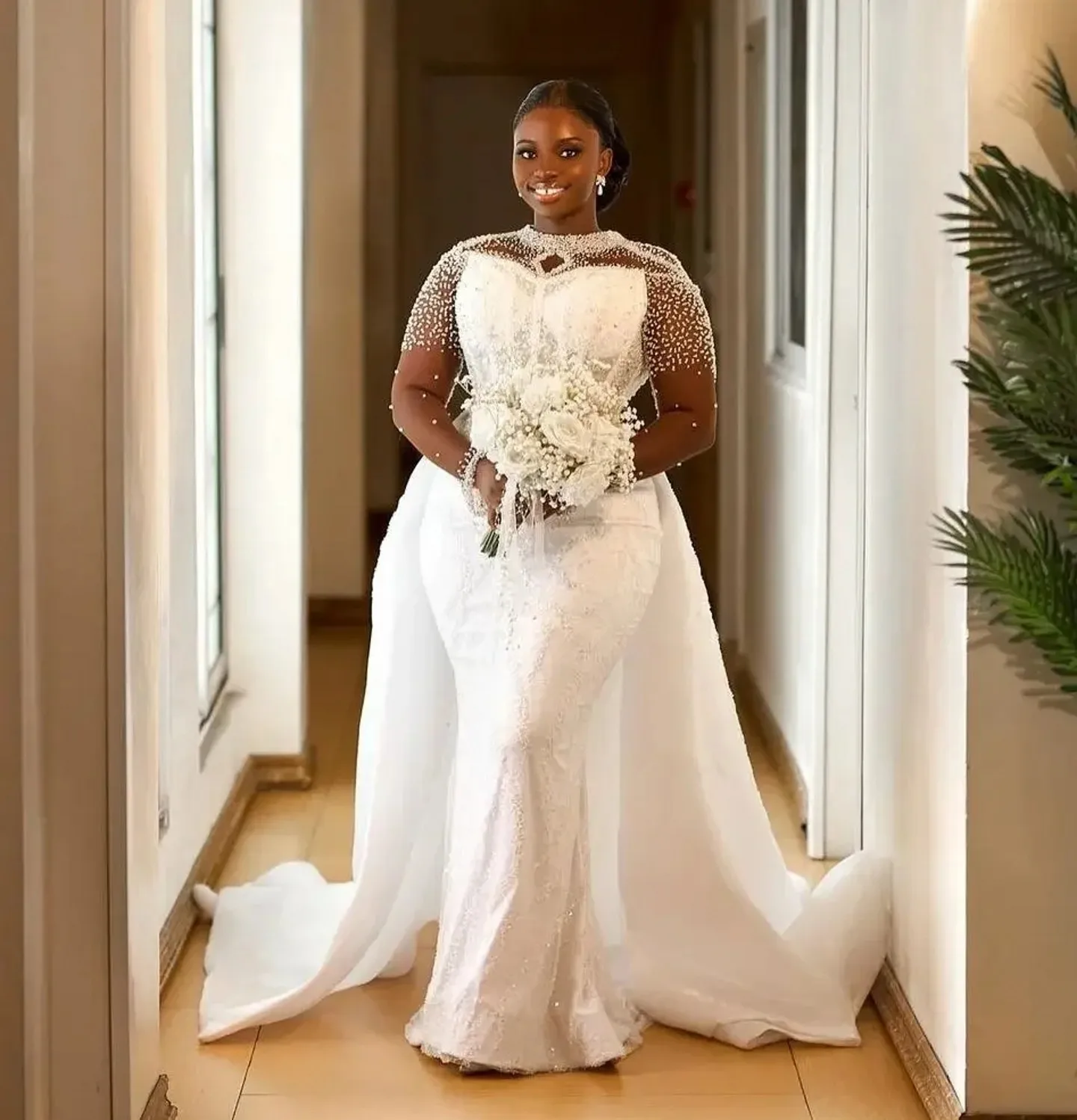 

African Mermaid Wedding Dress 2026 Sheer O-Neck Long Sleeves Illusion Beading Bride Bridal Gowns vestido de novia