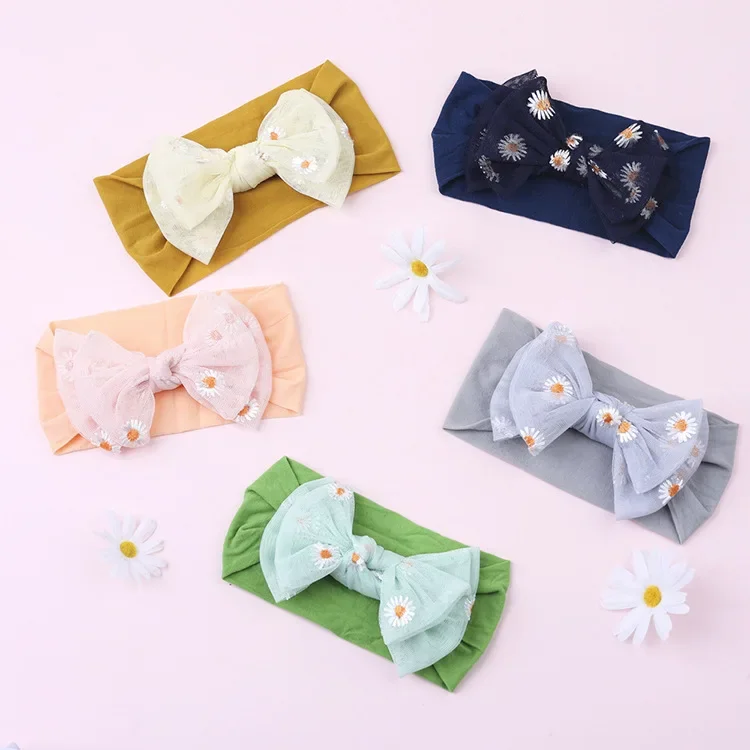 New 1PCS Small Daisy Flower Baby Girls Headwraps Double Lace Mesh Bows Newborn Toddler Headband Nylon Soft Kids Headwear