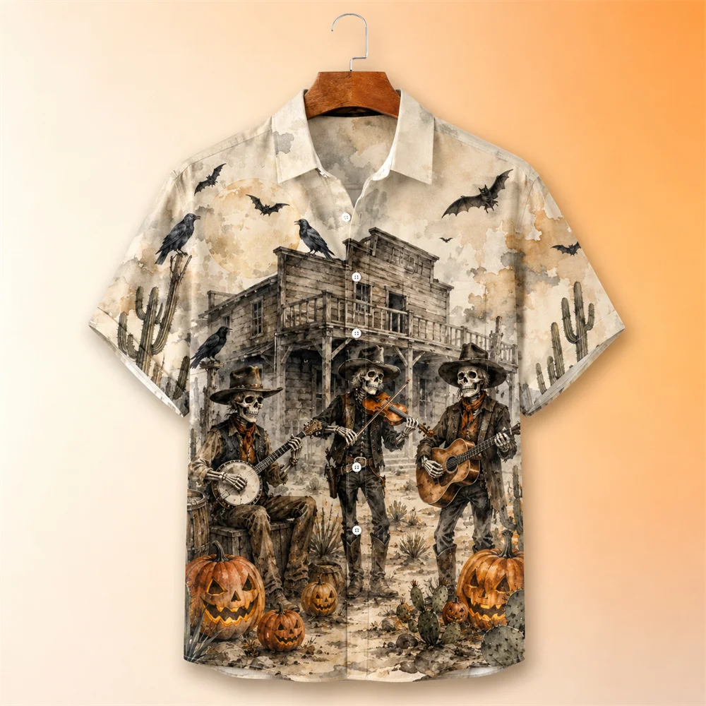 Halloween Skeleton Couple Shirt For Men 3D Printed Haunted Mansion Pumpkin Short Sleeve Shirt Victorian Horror Costume Party Top