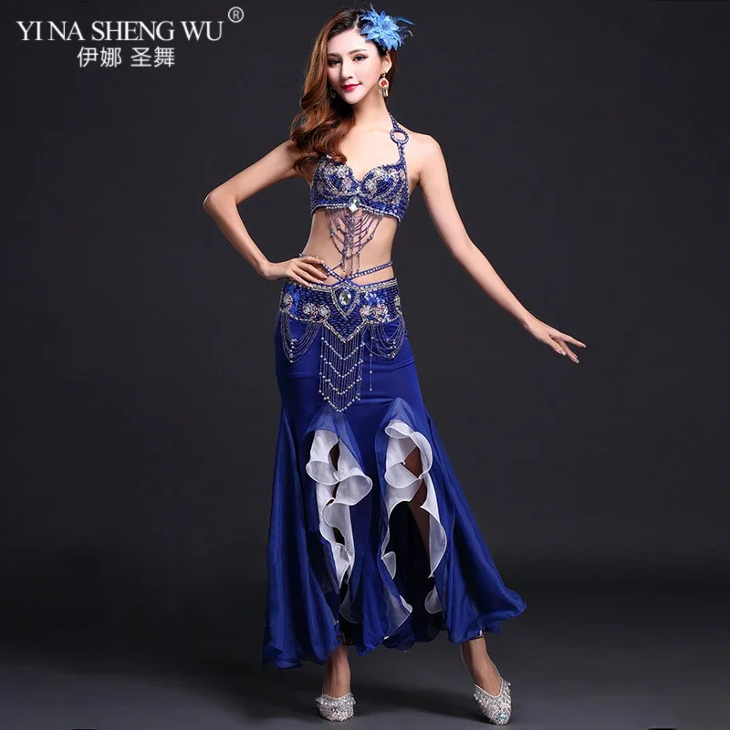 

Новый высококачественный костюм для танца живота, сексуальный бюстгальтер, юбка, пояс, сценические костюмы, одежда для восточного танца живота, юбка с разрезом