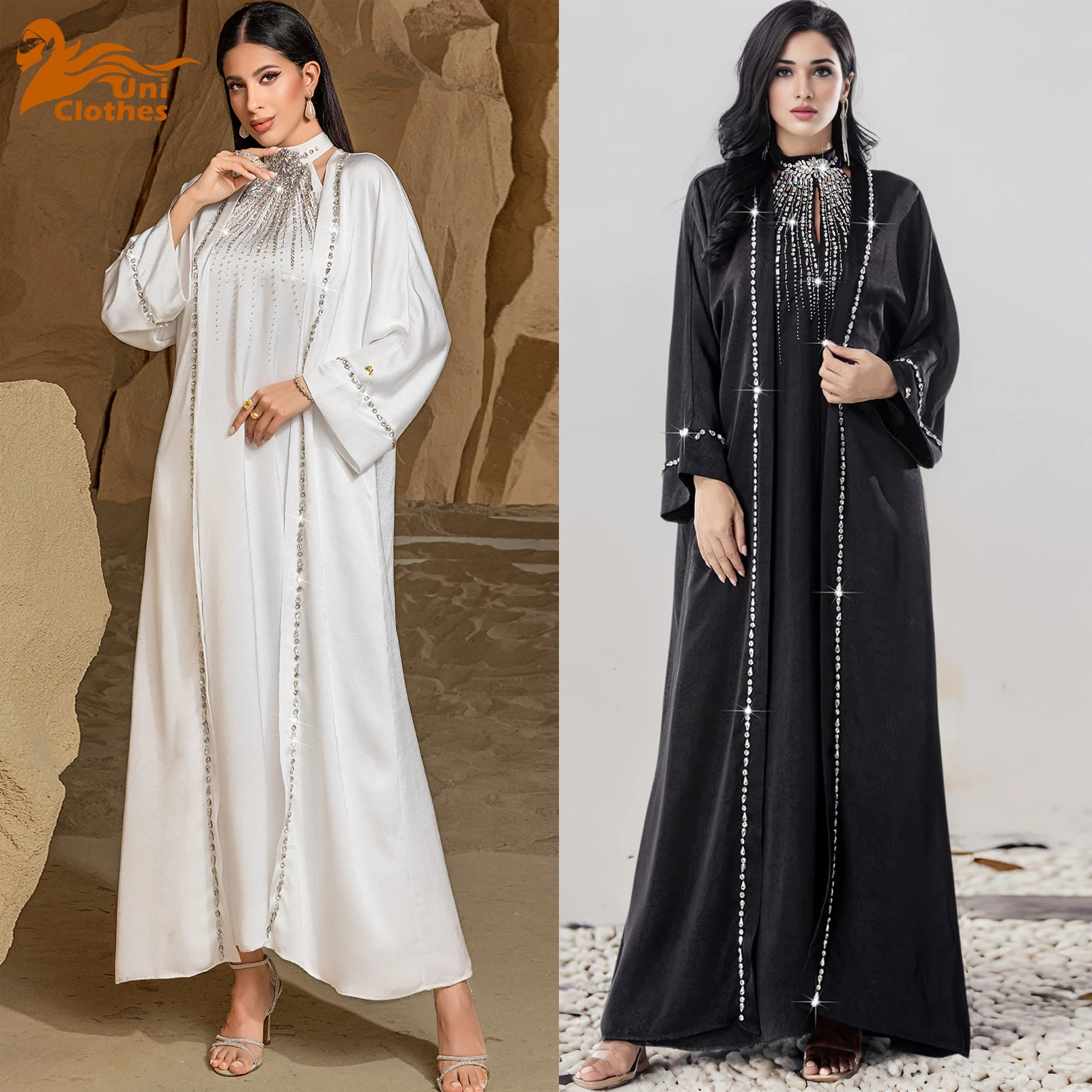 

UNI 2Pcs Luxury Dubai Abaya Muslim Sets for Women Diamonds Evening Party Dress Kimono Jalabiya Wedding Gown Kebaya Ramadan Cafta