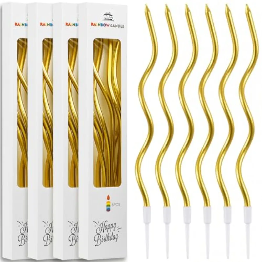 

24 Pcs Gold Spiral Long Thin Birthday Candles, Twisted Curved Candle Cake Topper, Birthday Parties, Wedding Decoration