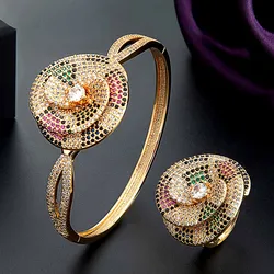 Zlxgirl Luxury Brand Leopard Color women wedding bangle&bracelet with ring jewelry set high CZ cubic zircon Crystal bracelet set