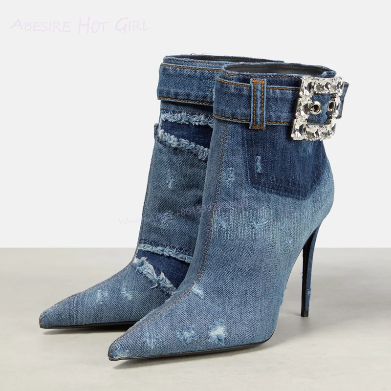 Blue Vintage Denim Ankle Boots Women Crystal Block Buckle Ankle Straps Booties Stiletto Street Fashion Sporty Patchwork Shoes