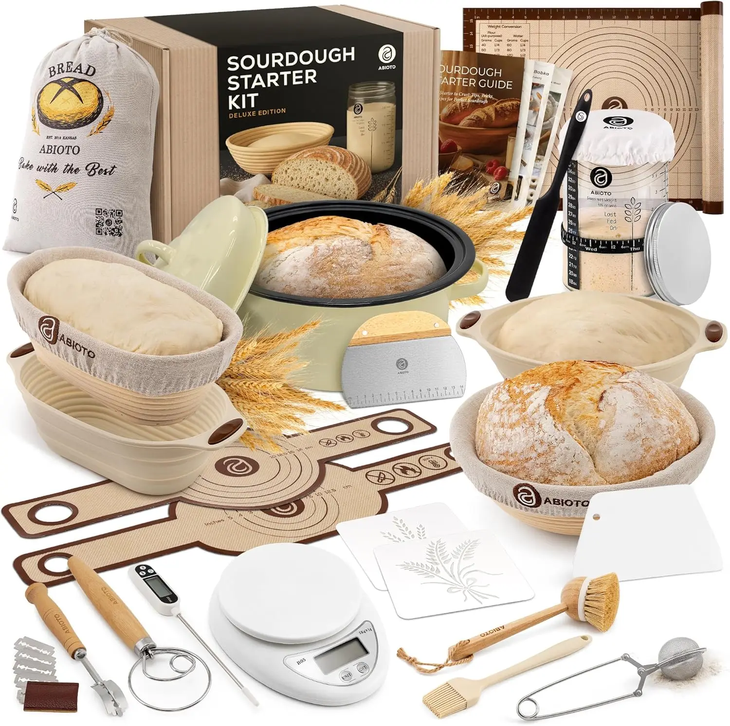

Sourdough Starter Kit with Dutch Oven and Scale - Complete Sourdough Kit with Proofing Baskets, 34oz Jar, Slings, and Other Prem