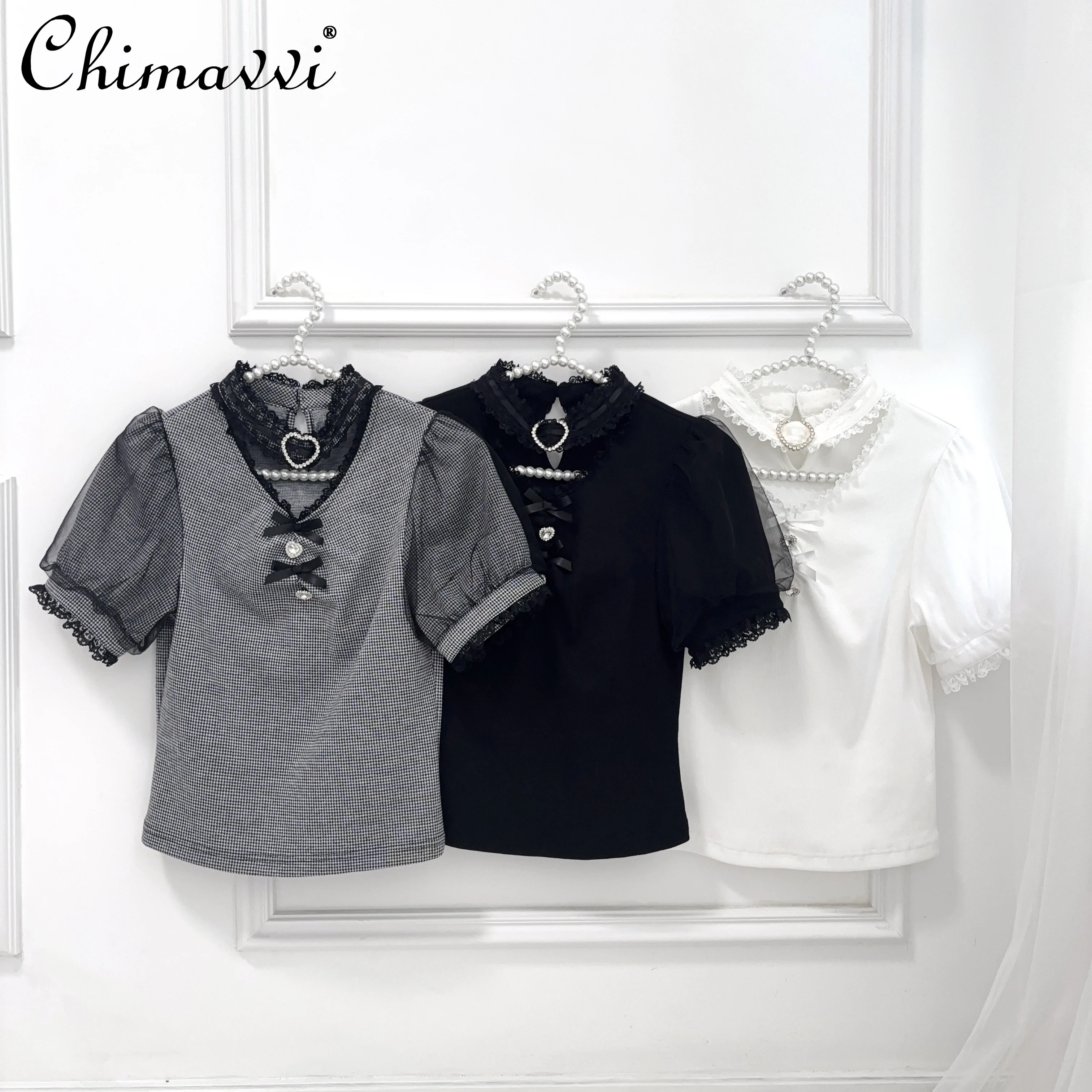 New Japanese Sweet Rhinestone Heart Collar V-Neck Knitted Short Sleeve T-Shirt Summer Mass-Produced Cute Bowknot Slim Lolita Top