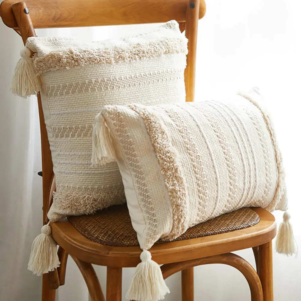 

Tufted Pillow Cover Bohemian Tassel Case for Sofa Bed Bedroom Living Room Cushion Slip Weave Pattern Durability Home Decor