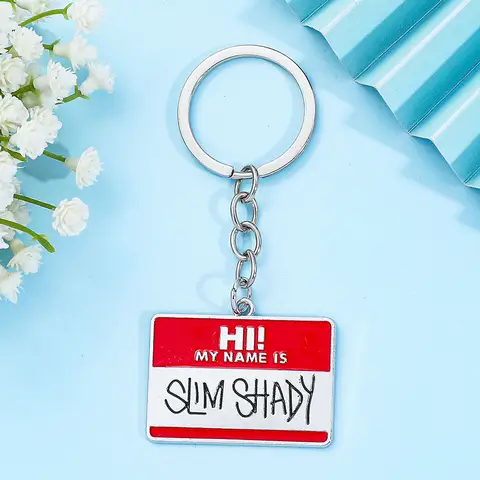 Hi My Name Is Slim-Shady Hippie Choker Necklace for Men Square Pendant Alloy Bead Chain Rapper Jewelry Keychain Hip Hop Style