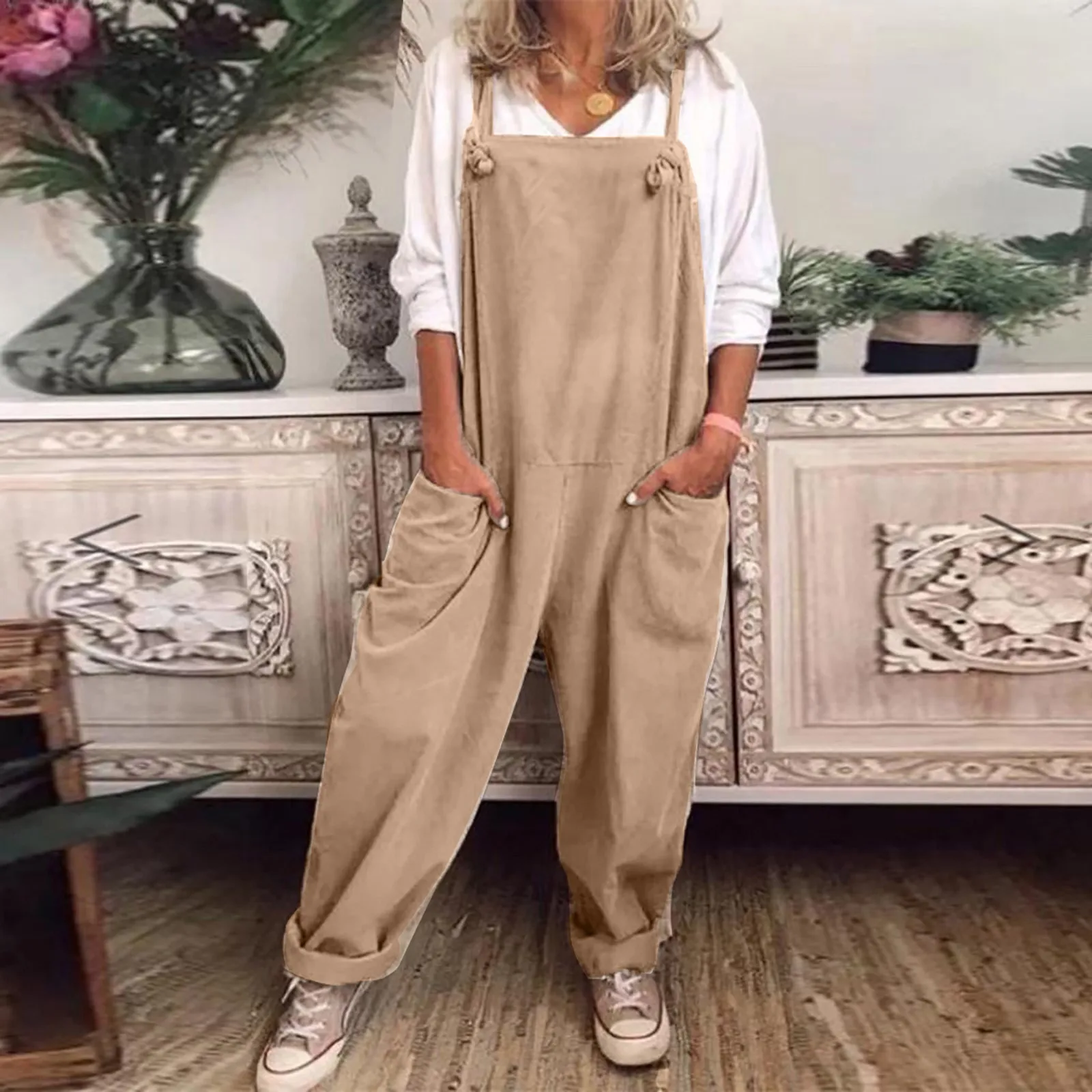 

Solid Color Women Jumpsuit Loose Knot Tie Cotton Linen Sleeveless Harem Overalls Jumpsuits Body Vintage Pants Femme Pants